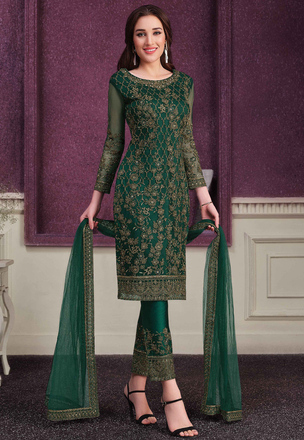 Embroidered Net Pakistani Suit in Dark Green : KCH7711