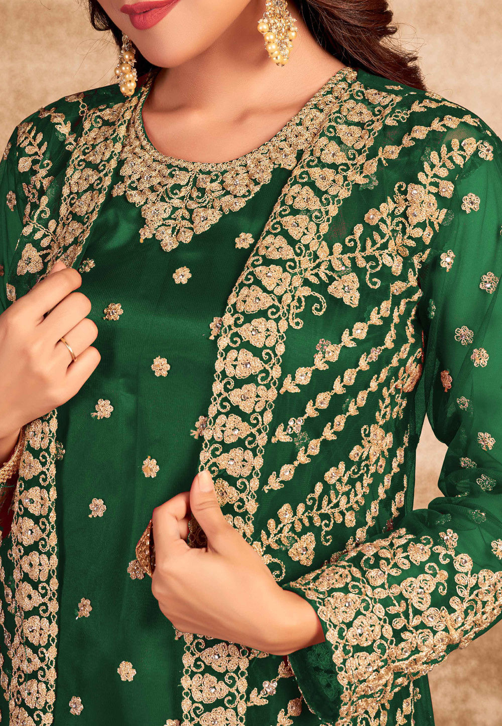Embroidered Net Pakistani Suit in Dark Green : KCH7986