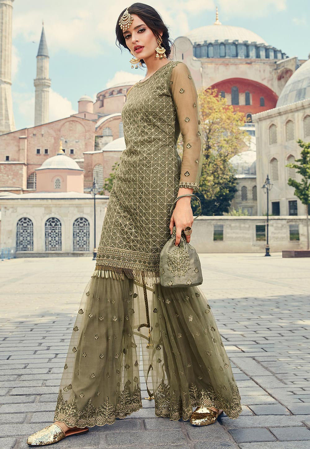 Buy Embroidered Net Pakistani Suit In Dusty Green Online Kch4848 Utsav Fashion 9212