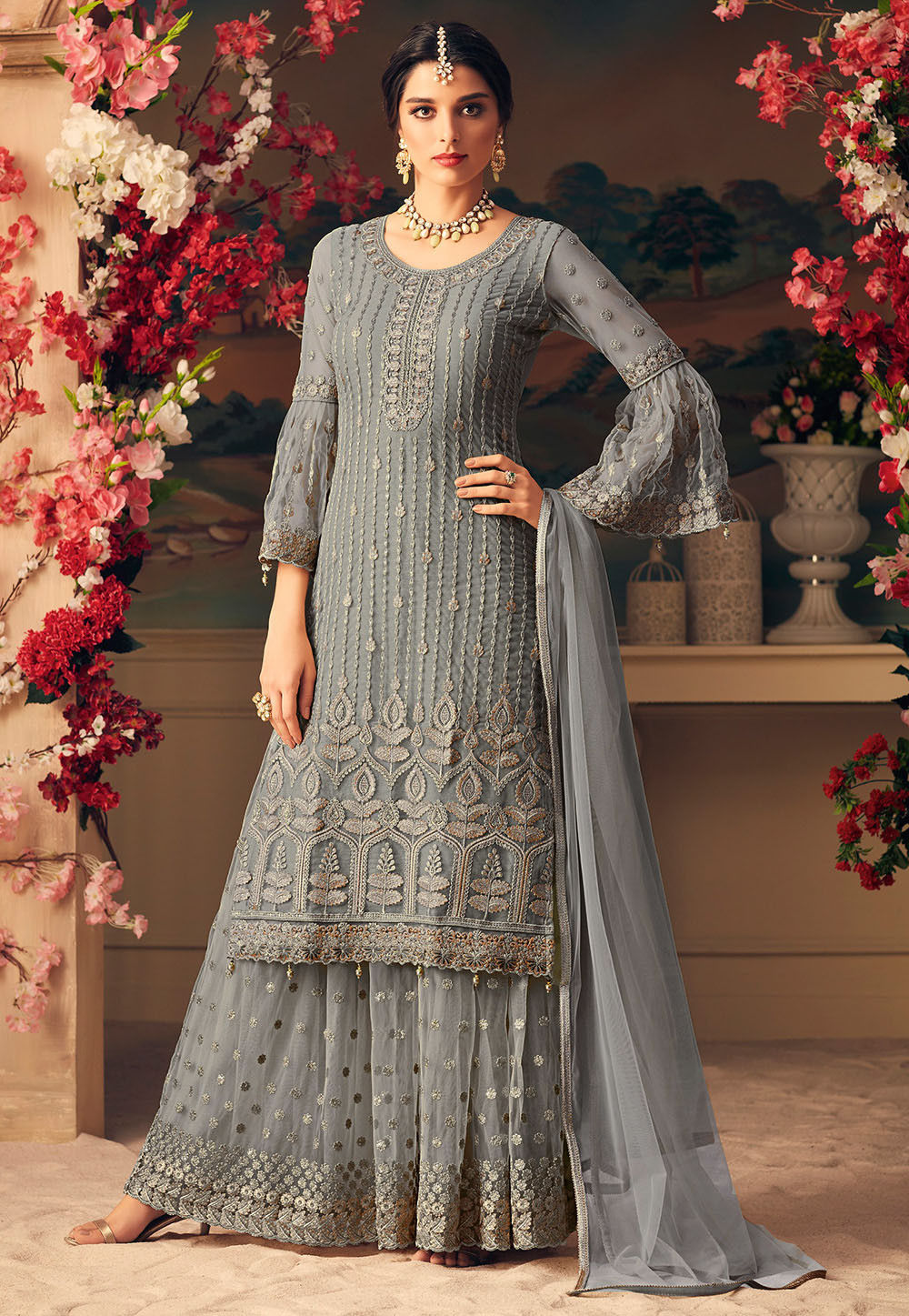 Embroidered Net Pakistani Suit in Grey : KUF14102