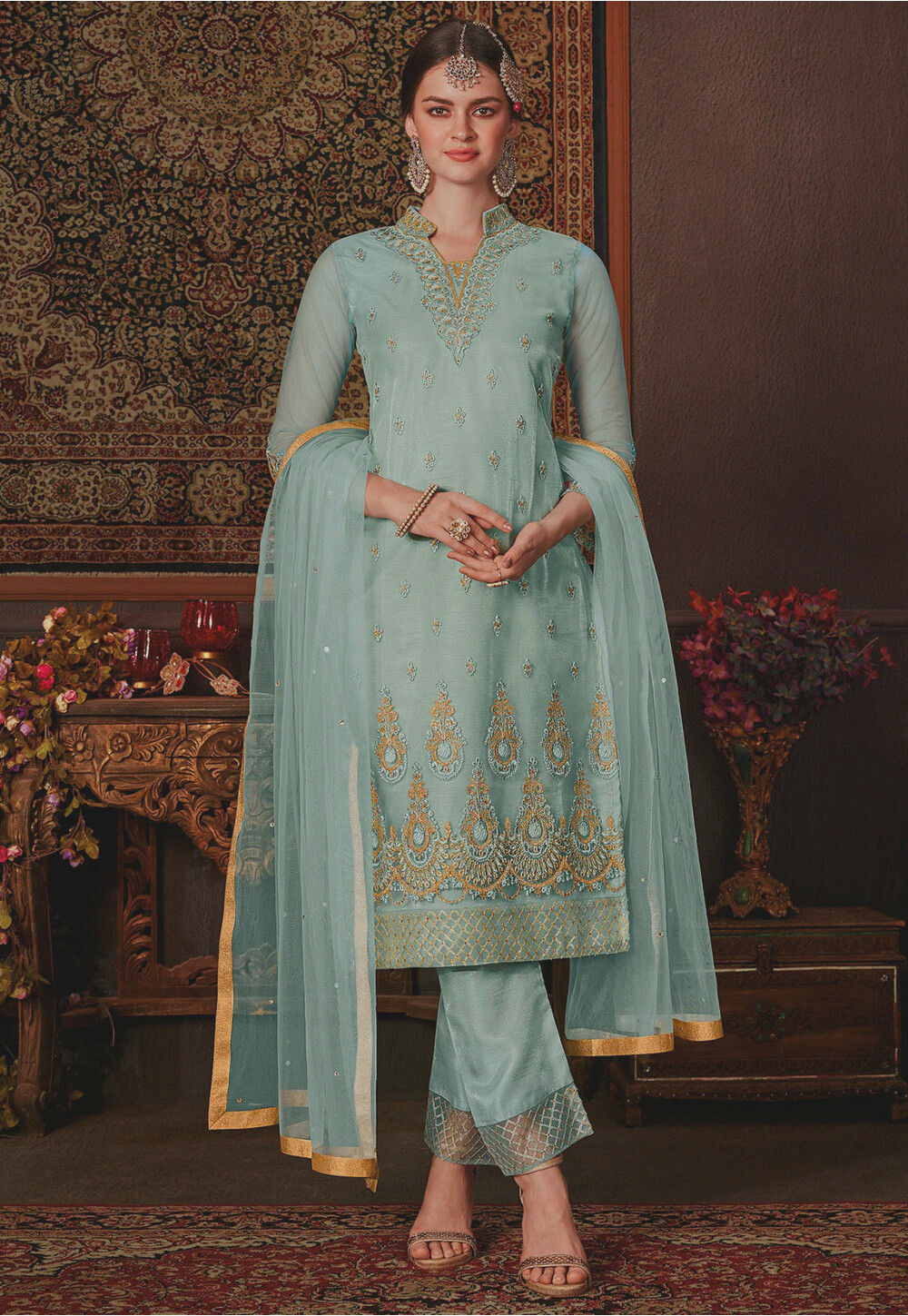 Sky Blue Partywear Heavy Butterfly Net Embroidered Salwar Suit – Apparel  Designer