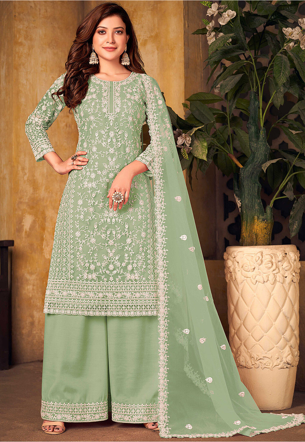 Buy Embroidered Net Pakistani Suit in Light Green Online : KCH9185 ...
