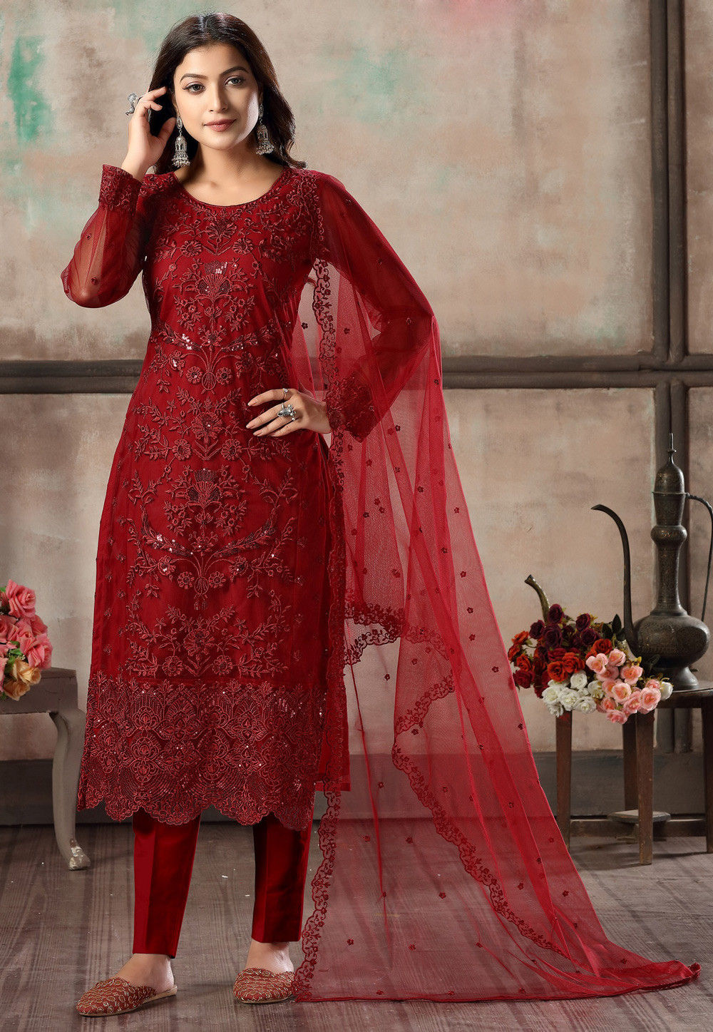 Embroidered Net Pakistani Suit in Maroon : KCH9407