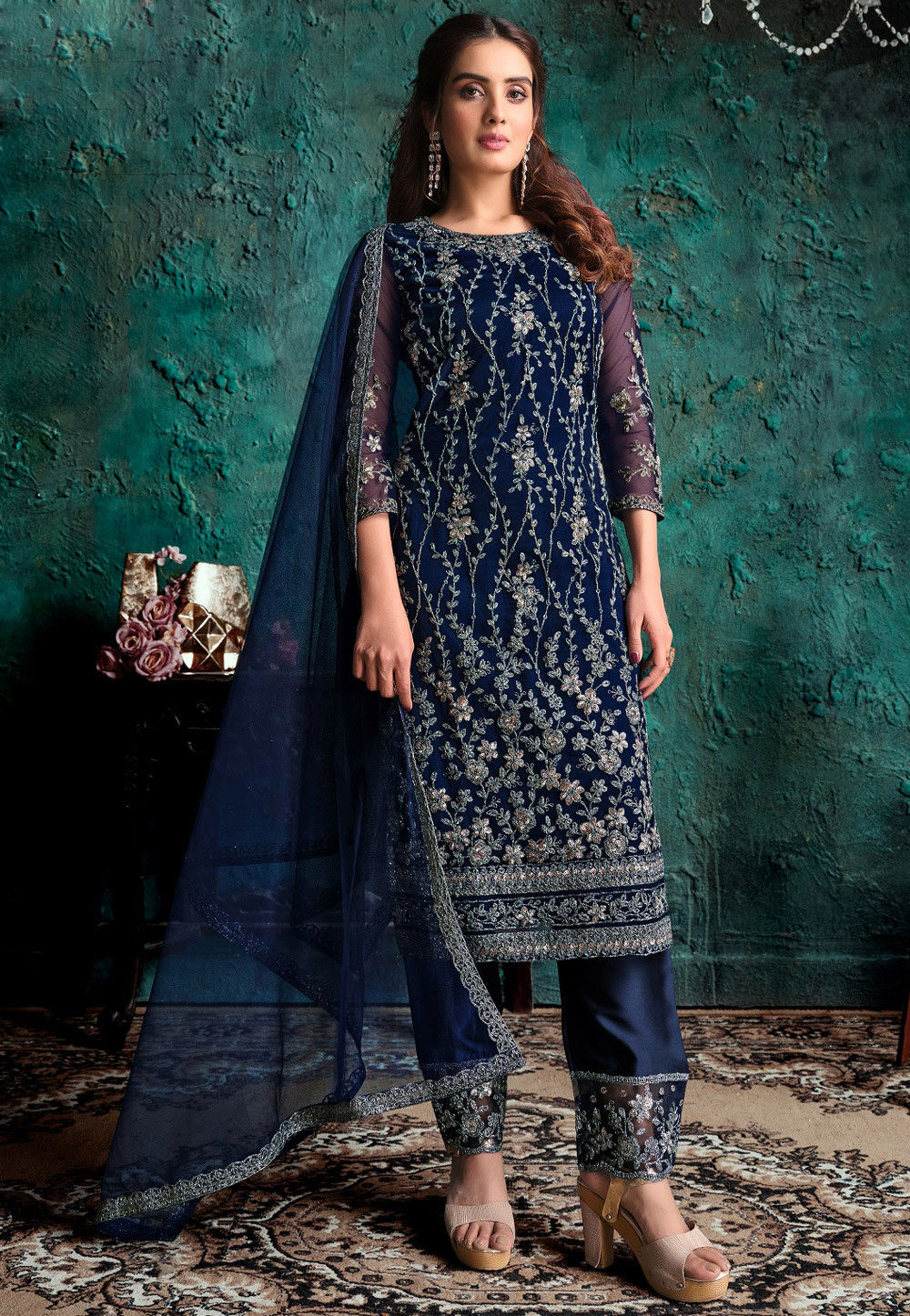 Embroidered Net Pakistani Suit in Navy Blue : KCH6510