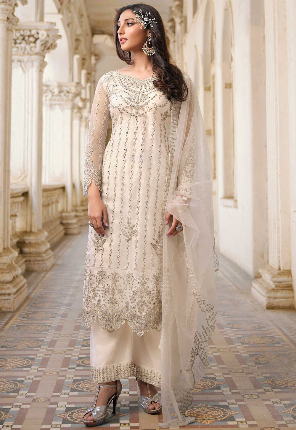 Net Pakistani Suit in Off White :