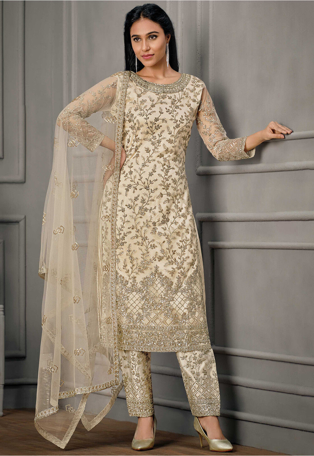 Buy Embroidered Net Pakistani Suit in Off White Online : KCH9406