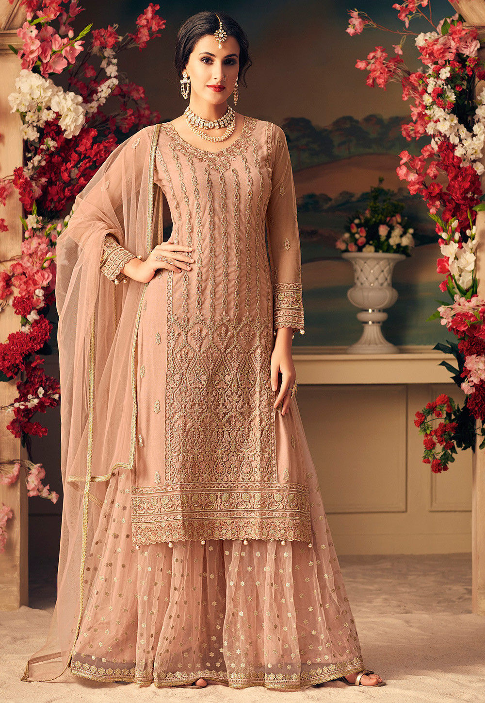 Fancy Net Chiffon Stitched Suit Peach Pakistani Indian Party Wear and for EID 