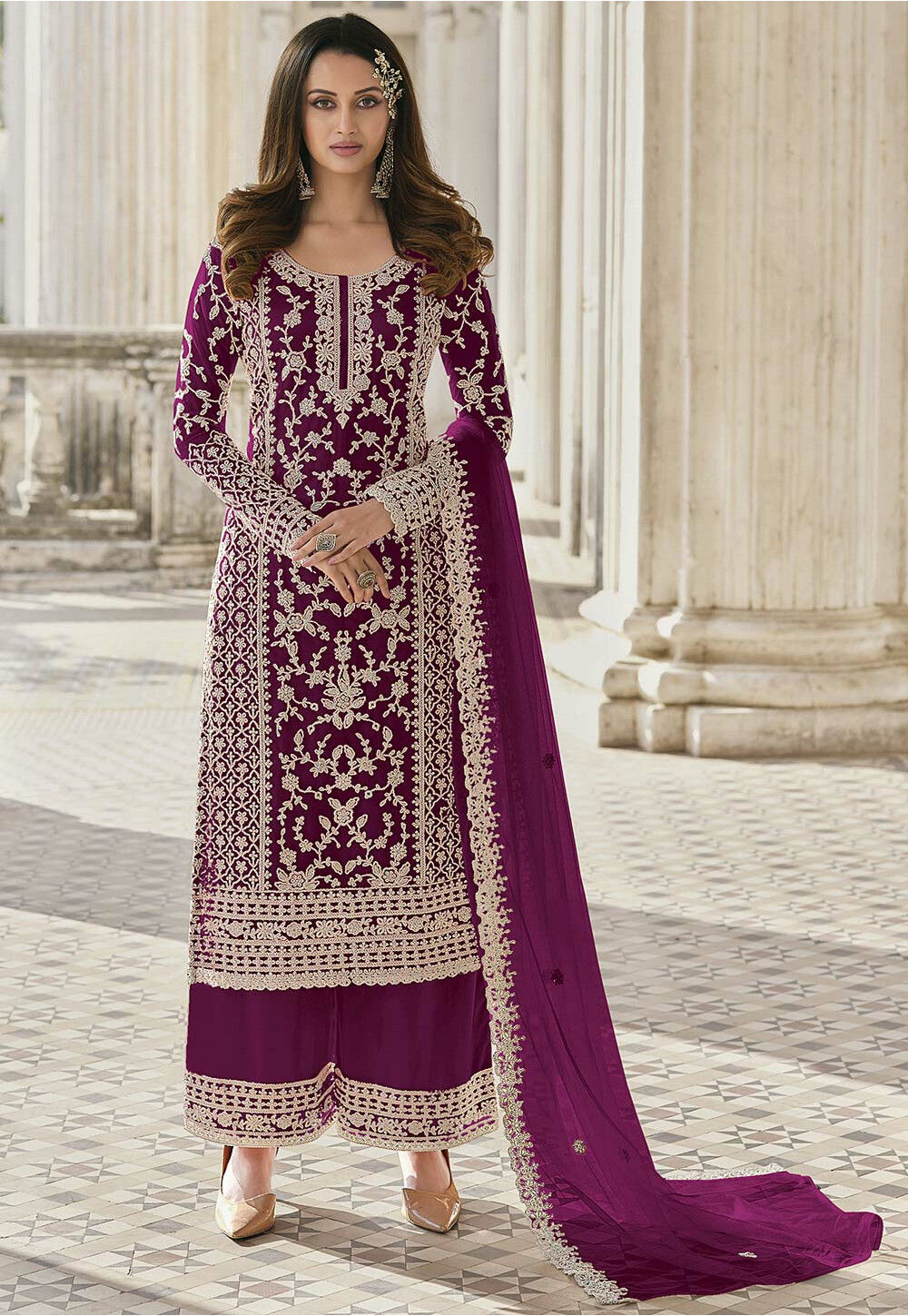 Embroidered Net Pakistani Suit in Purple : KCH9334