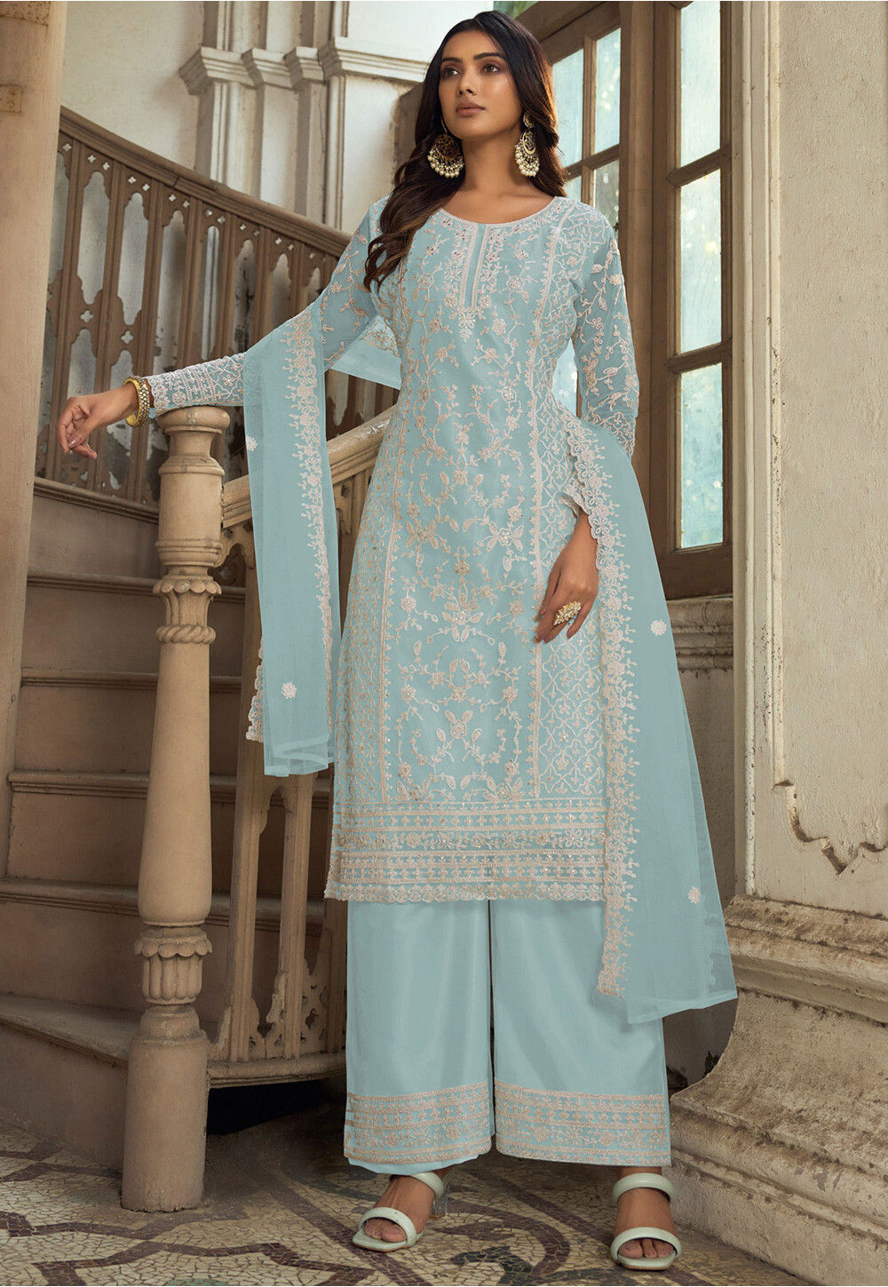 Embroidered Net Pakistani Suit in Sky Blue Embroidered Net Pakistani Suit in Sky Blue