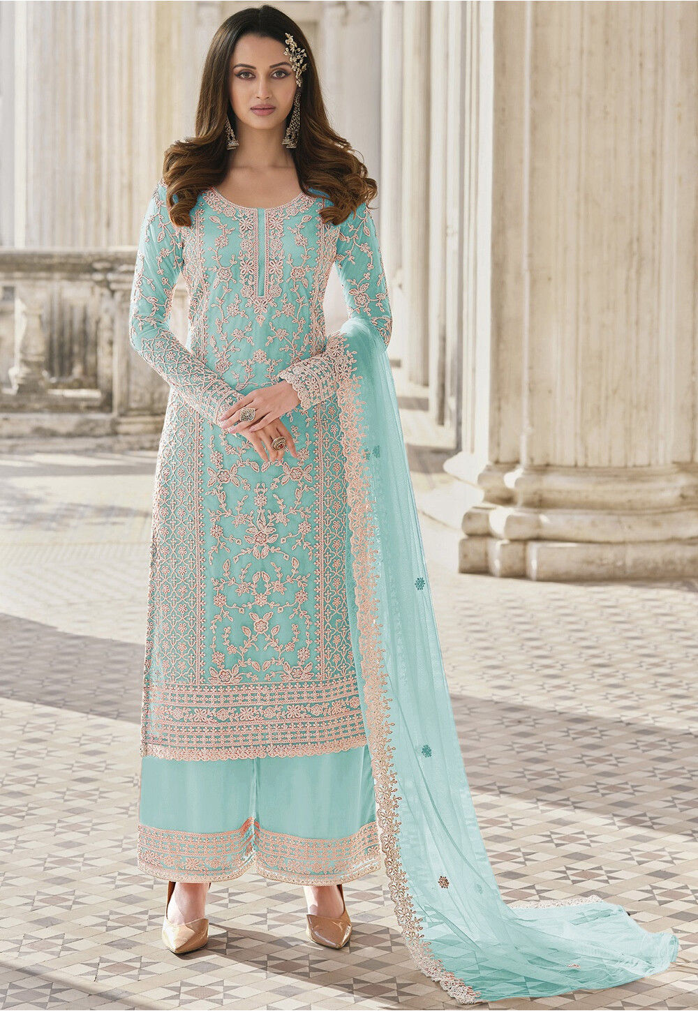 Sea Green Pakistani Suit in Viscose with Jacquard Work