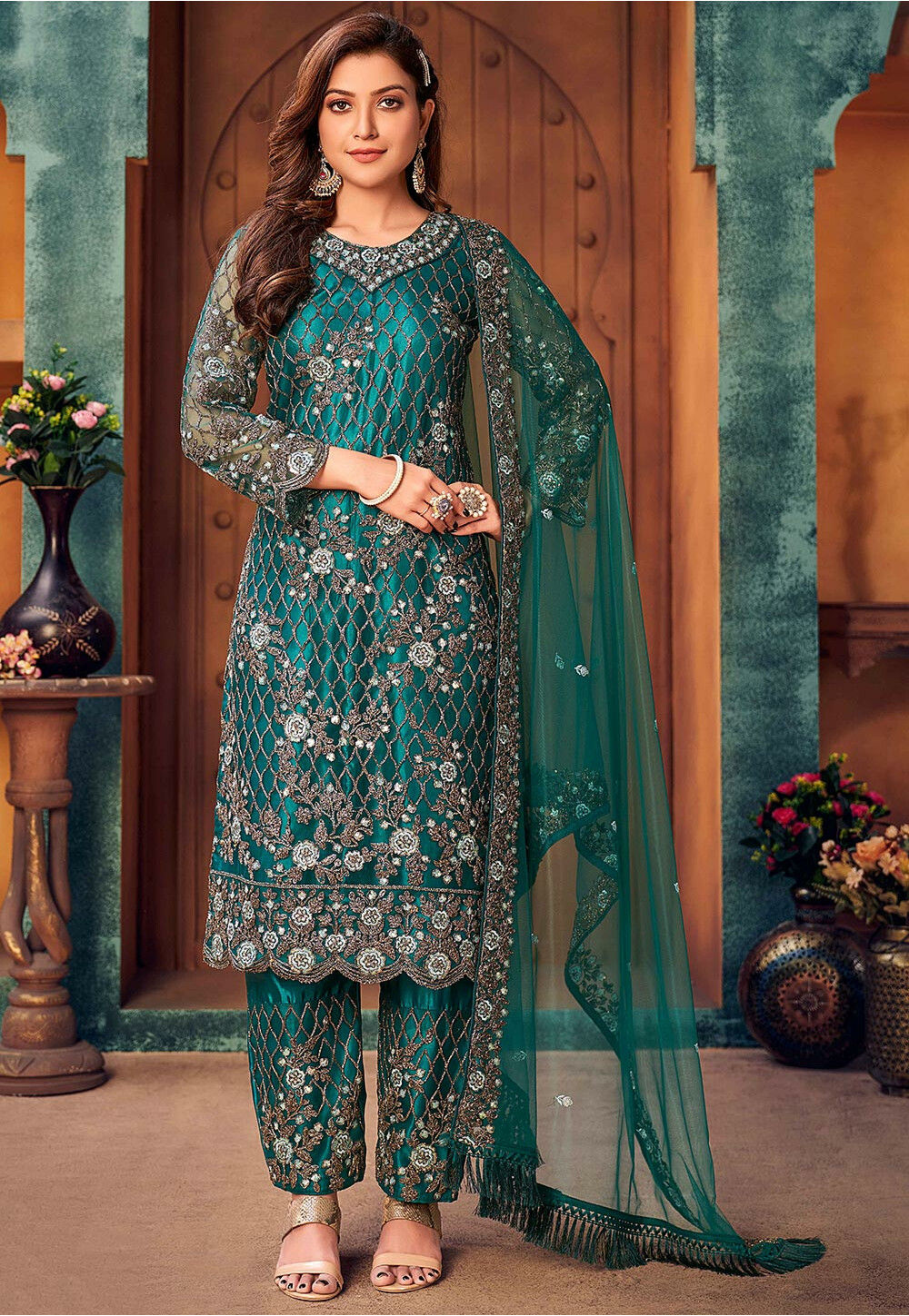 Teal Traditional Readymade Pakistani Pant Suit With Sequence Embroidery Work main image 1