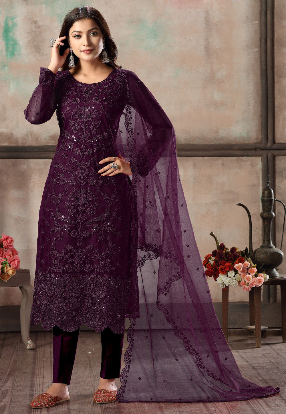 Embroidered Net Pakistani Suit in Wine : KCH5419