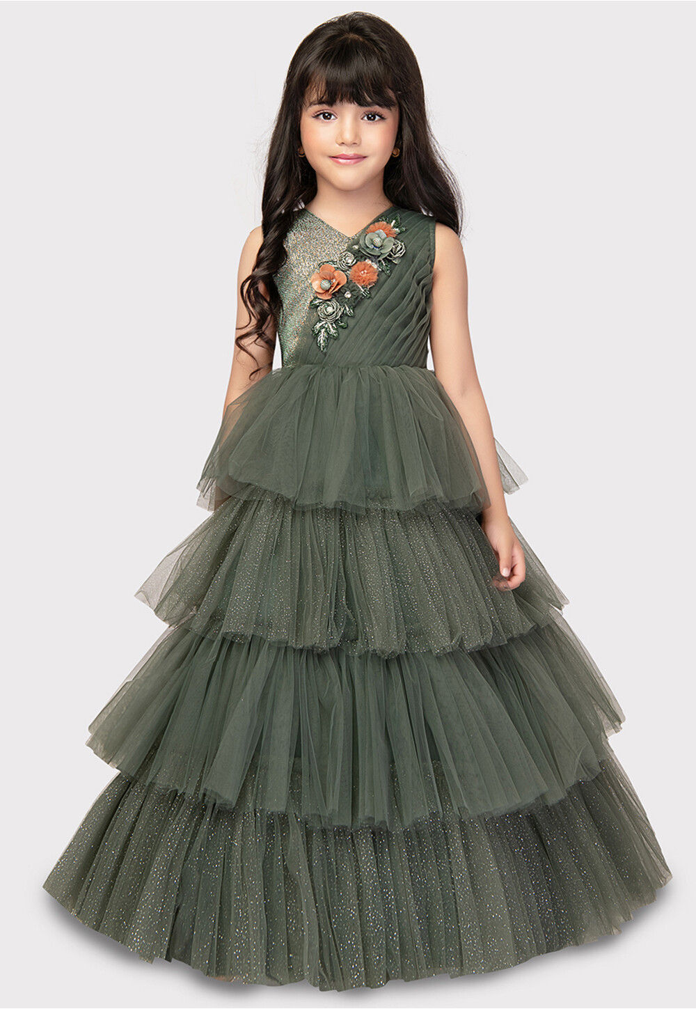 Buy Embroidered Net Ruffled Gown in Olive Green Online : UKU1624 ...