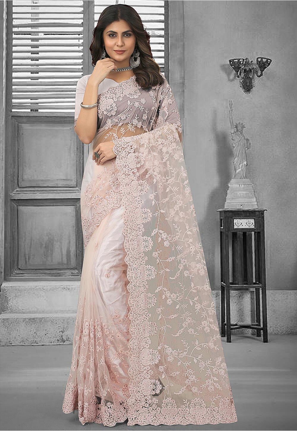 BEIGE NET EMBROIDERED SAREE