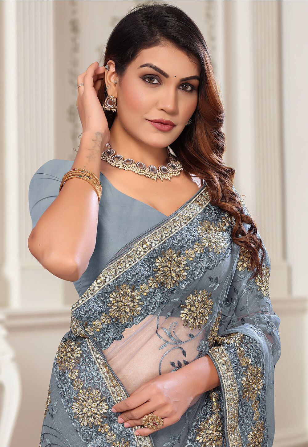 Grey Net Embroidered Saree main image 1