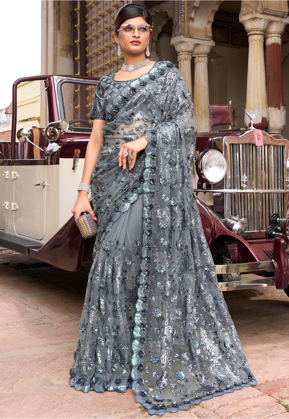 Buy Embroidered Net Saree in Grey Online SYC10709 Utsav Fashion