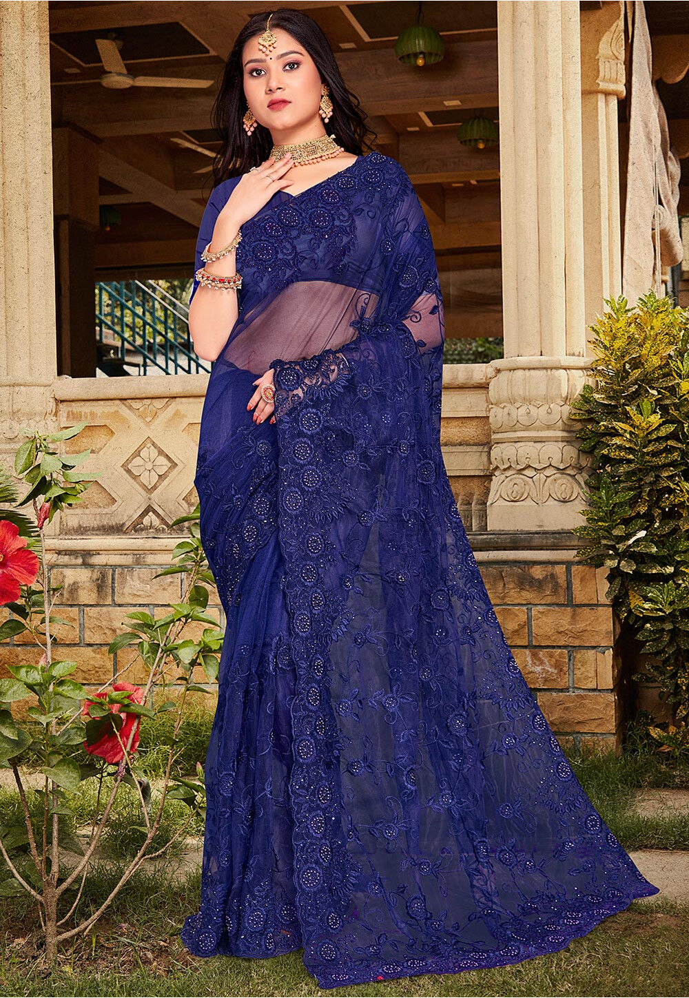 Embroidered Net Saree in Navy Blue