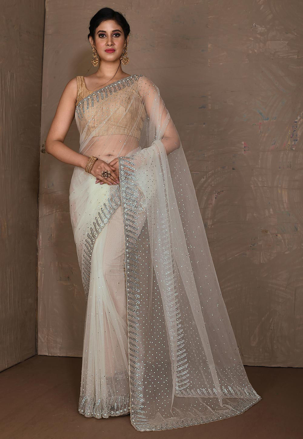 Embroidered Net Saree in Off White : SAR1511