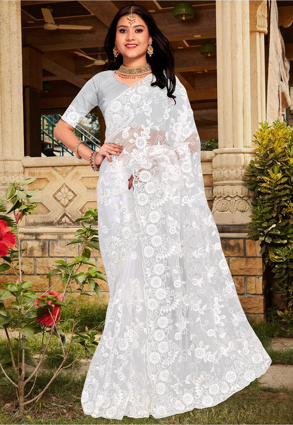 Buy Embroidered Net Saree in Off White Online SCBA4715 Utsav - Main Image
