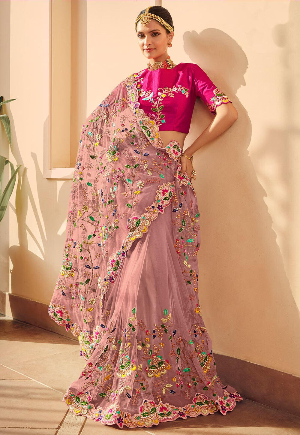 Buy Embroidered Net Saree in Old Rose Online SFF3314 Utsav Fashion