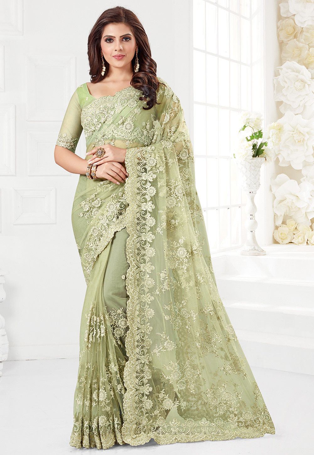 Buy Embroidered Net Saree In Pastel Green Online Ssha1826 Utsav Fashion