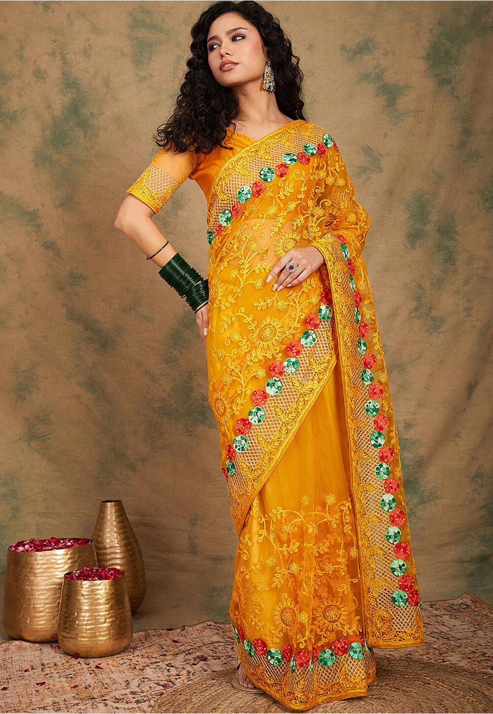Embroidered Yellow Net Partywear Saree