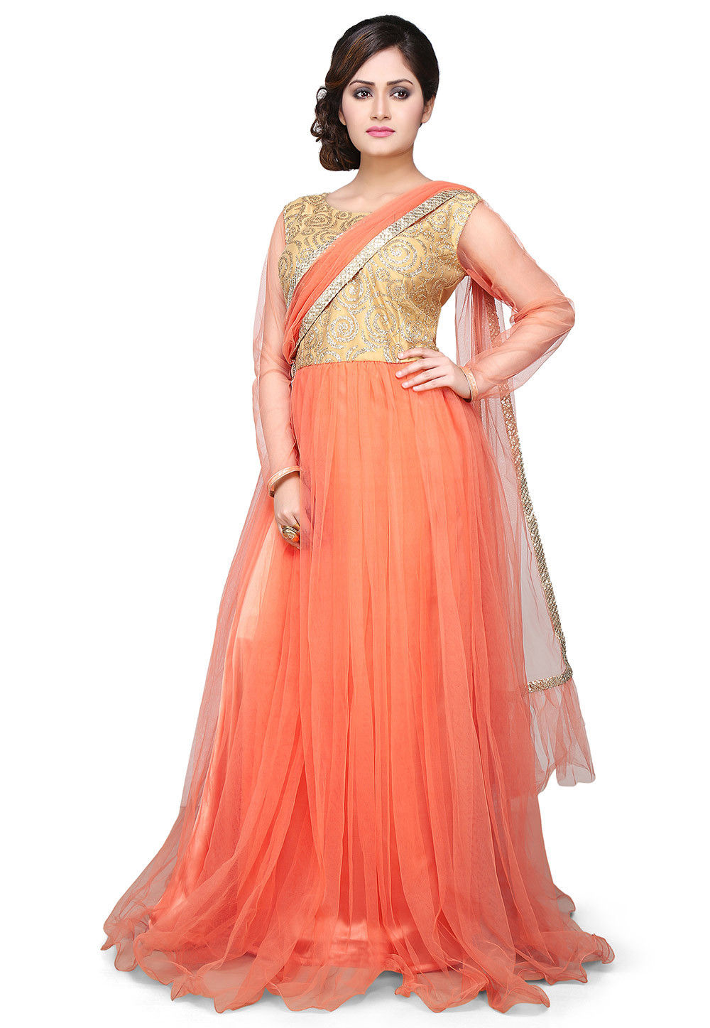 Buy Pastel Orange Sequins Embroidered Net Saree Online | Samyakk