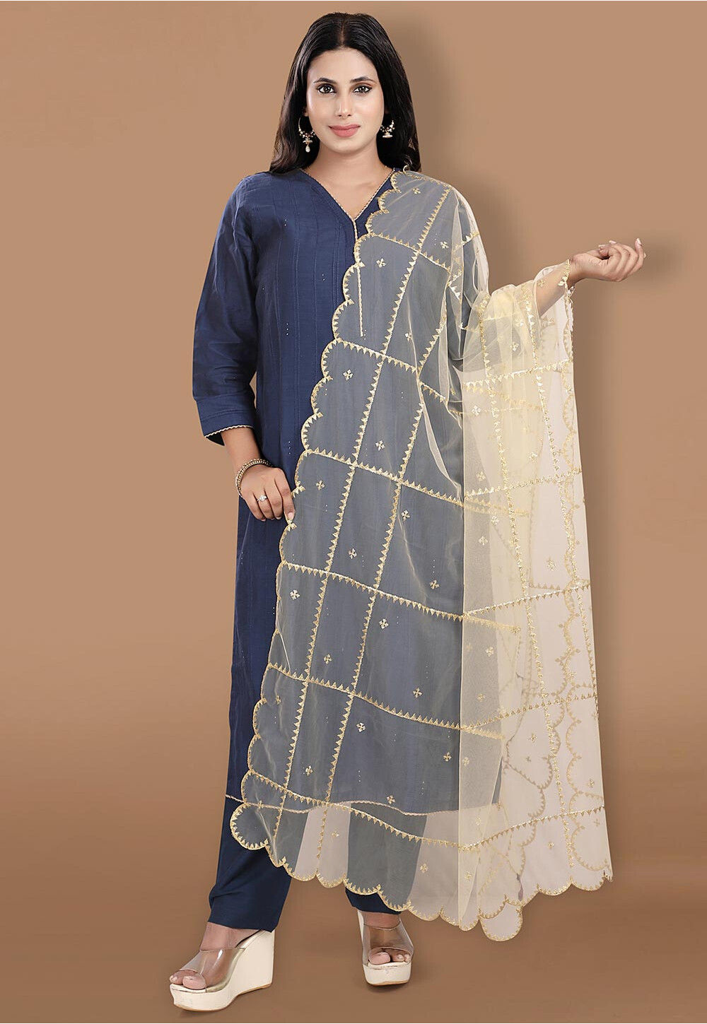 Coffee brown Scalloped net Dupatta main image 1