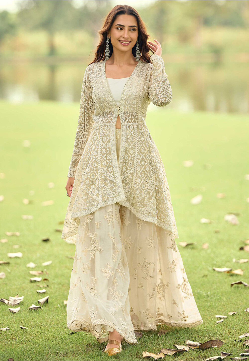 beige pakistani dress Embroidered Net Scalloped Suit in Fancy Embroidered Chiffon Bottom ss26-Feb Womens Black Sparkly Low Size:15.75