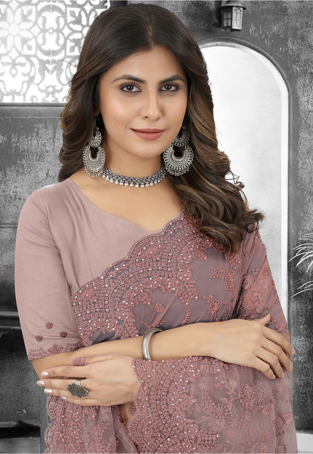 Buy Embroidered Net Scalloped Saree In Dark Old Rose Online SCBA4654 
