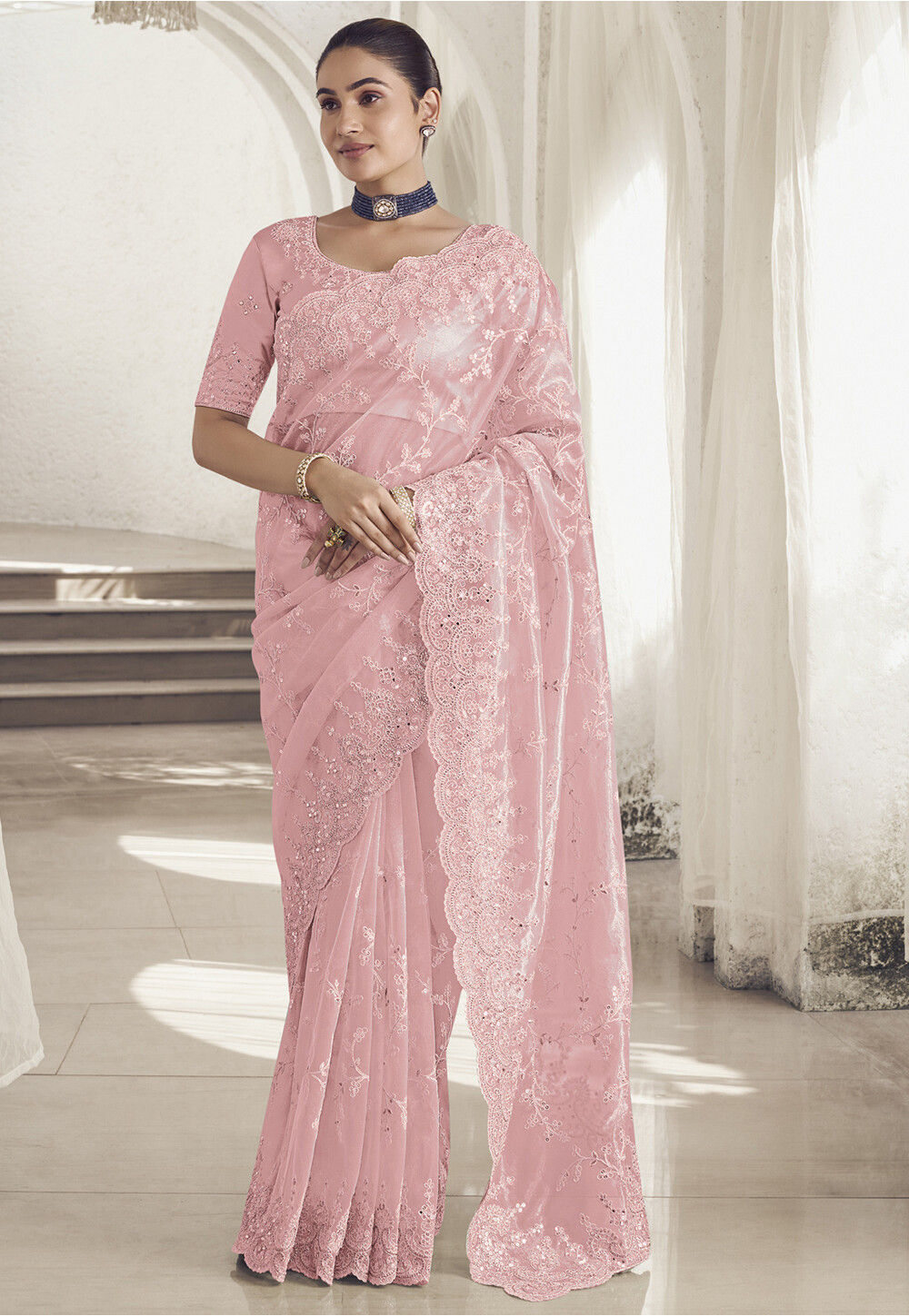 Coral Pink Stylish Floral Cutwork Scalloped Border Net Saree