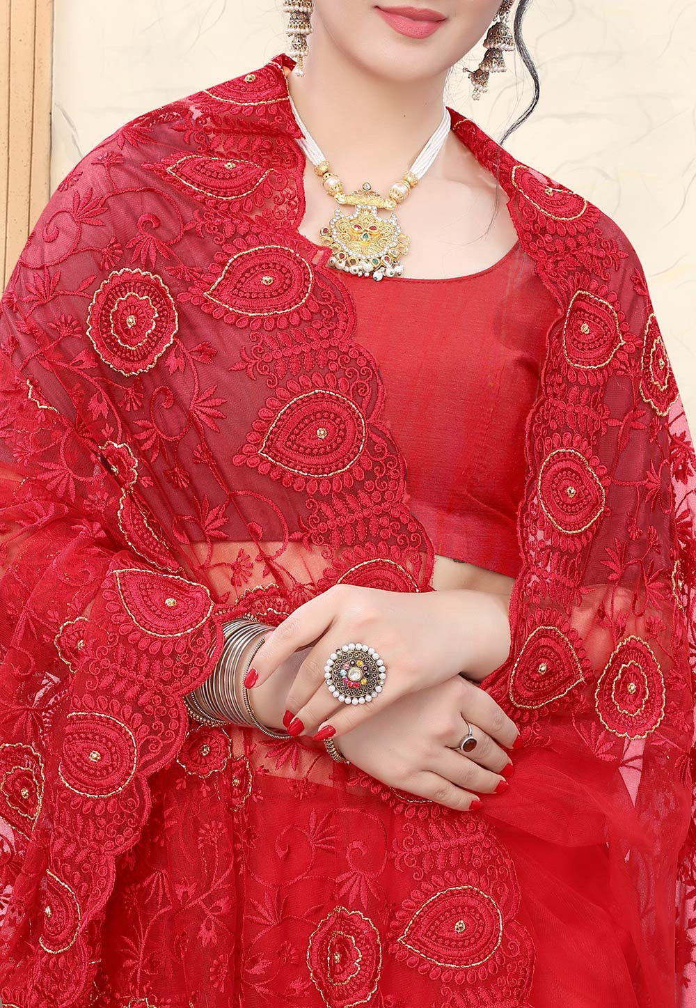 Embroidered Net Scalloped Saree in Red SCBA2087