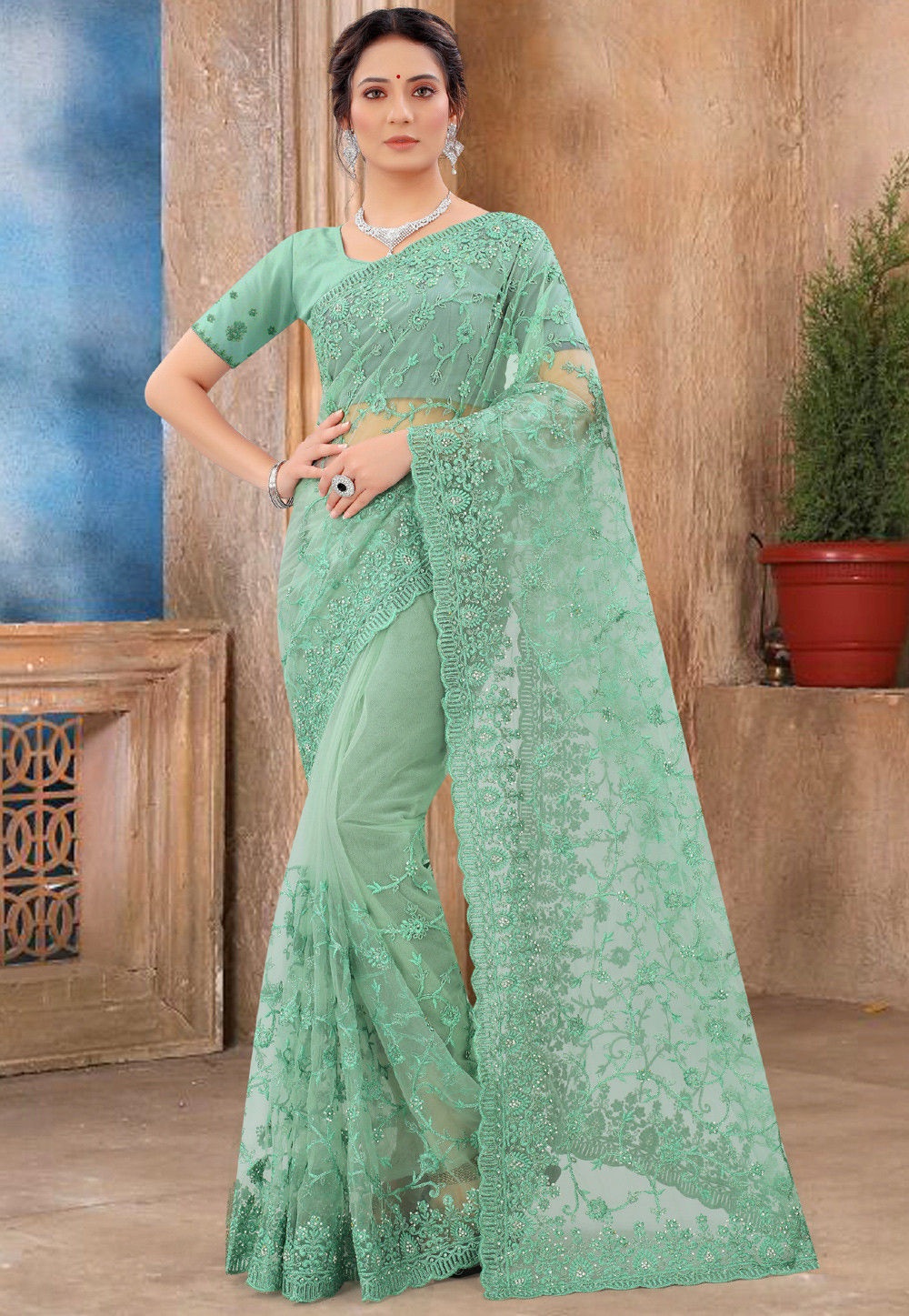 Buy Embroidered Net Scalloped Saree in Sea Green Online : SCBA2811 ...
