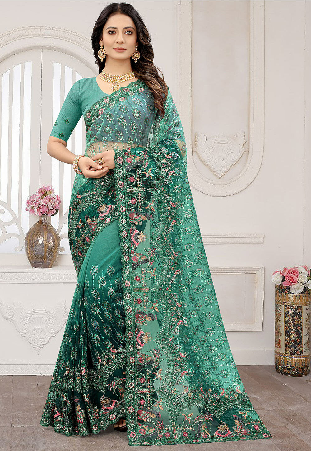 Embroidered Net Scalloped Saree in Shaded Teal Green : SCBA3301