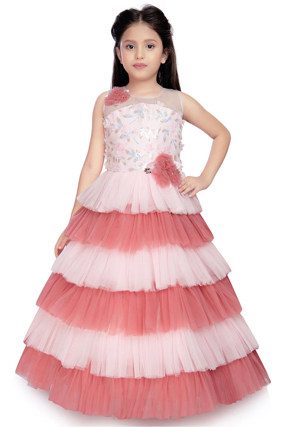 Girls Pink Net Floral Embroidered Gown