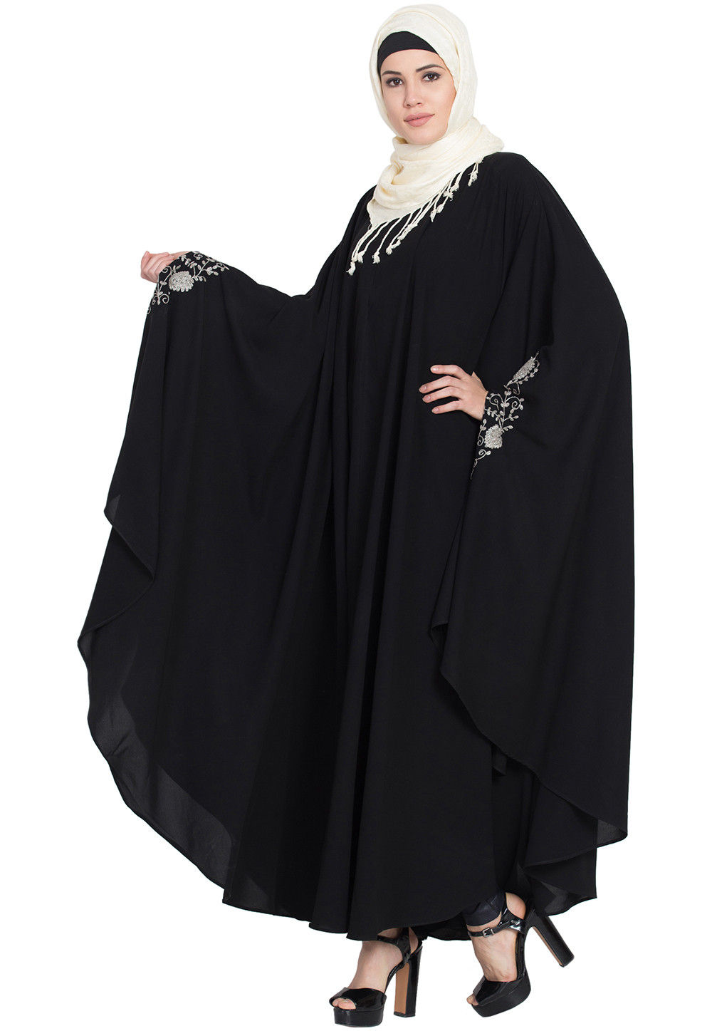 Trendy Waist and both sleeve resham embroidery Nida kaftan Black