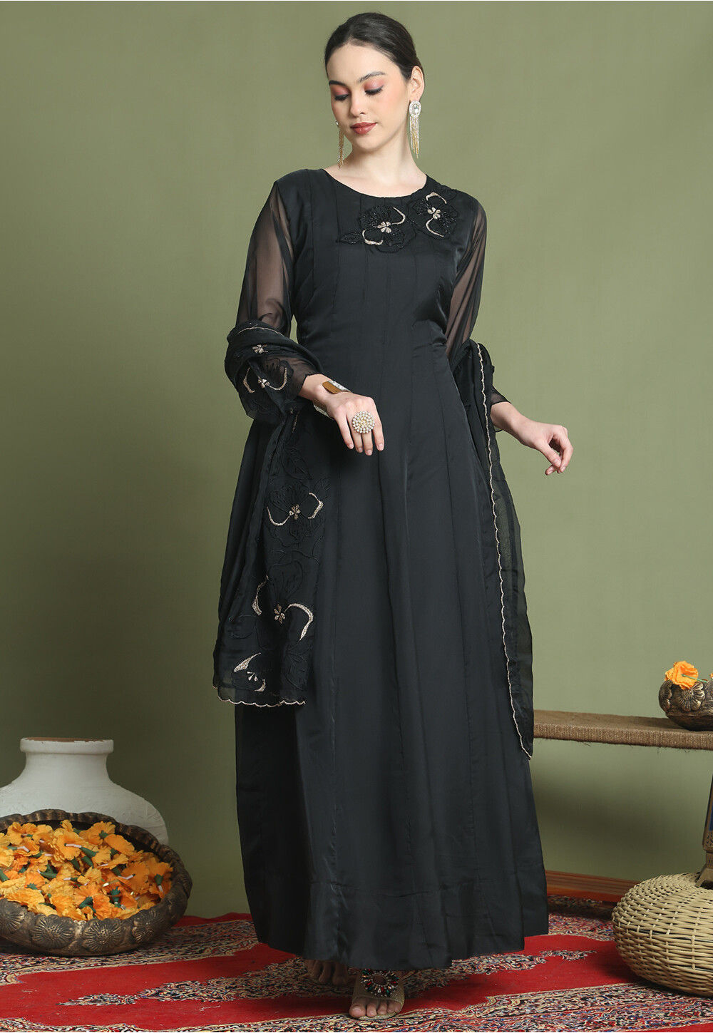 Embroidered Organza Abaya Style Suit in Black Black Salwar Kameez