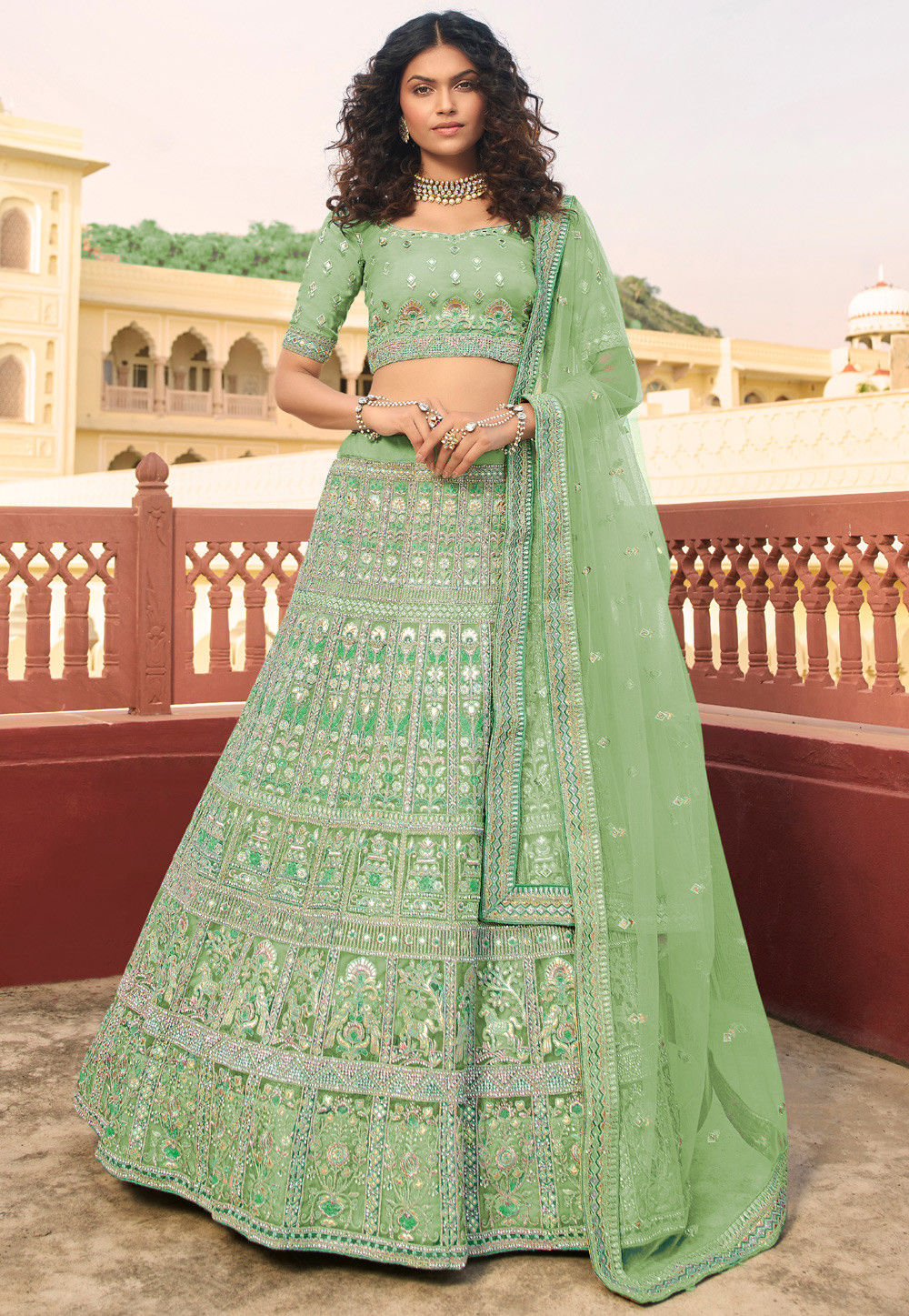 Embroidered Organza Lehenga in Pastel Green : LYC1958