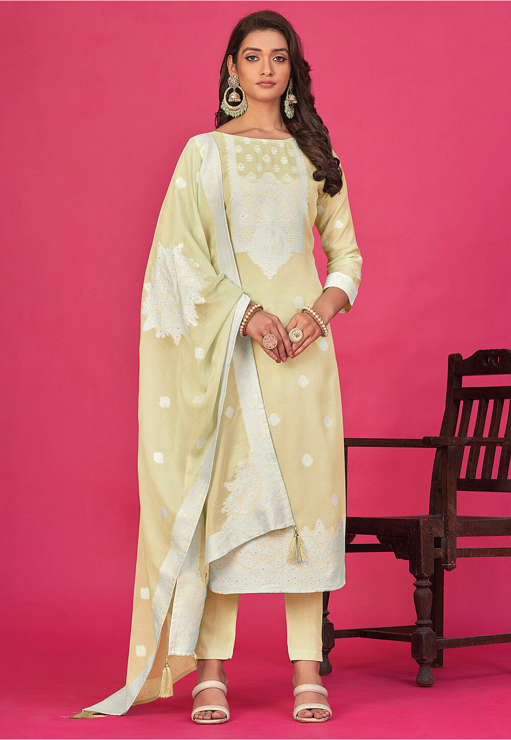 Beige Dhoti Style Embroidered Organza Punjabi Style Suit