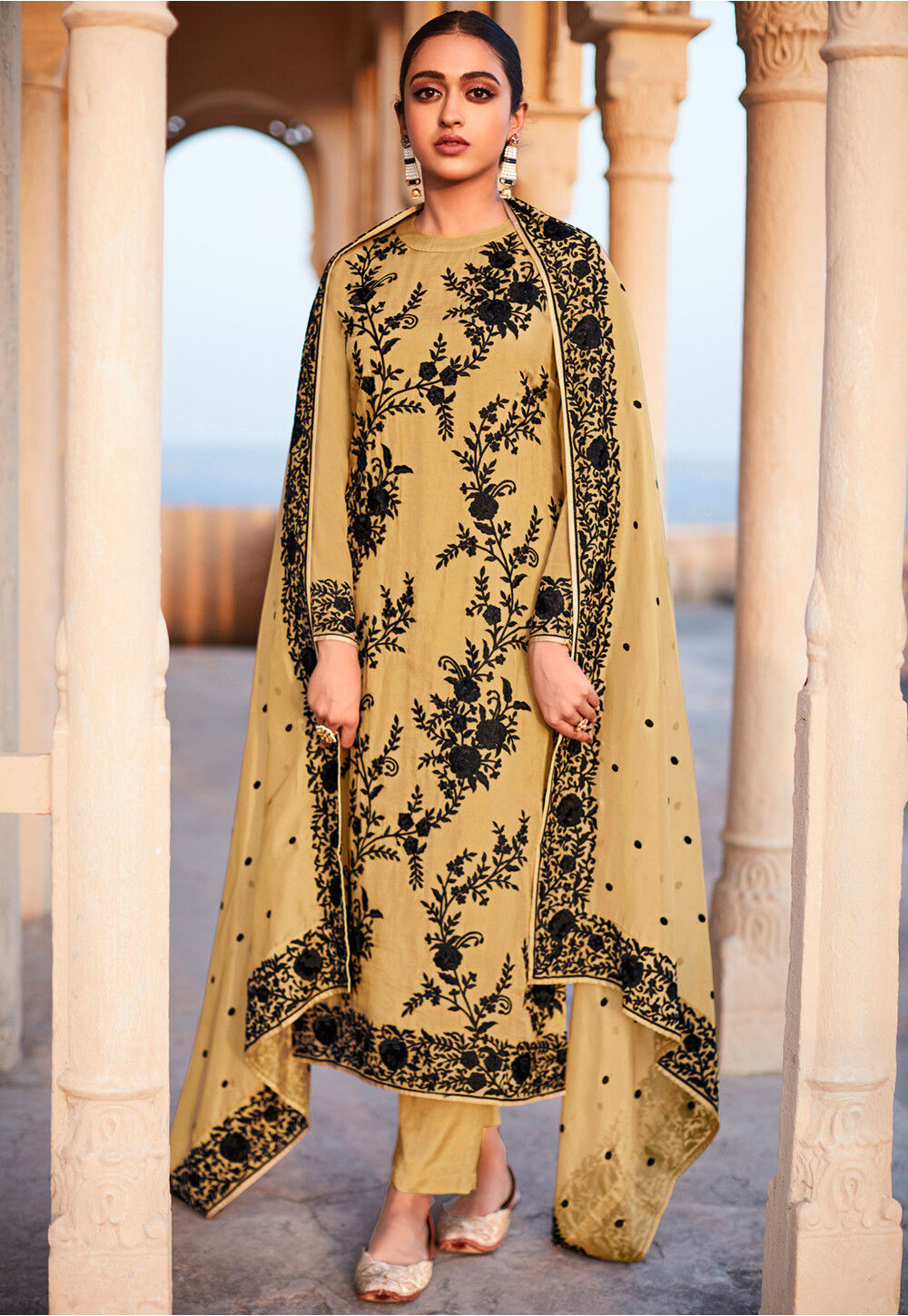 Attractive Beige Soft Organza Embroidered Eid Wear Salwar Suit