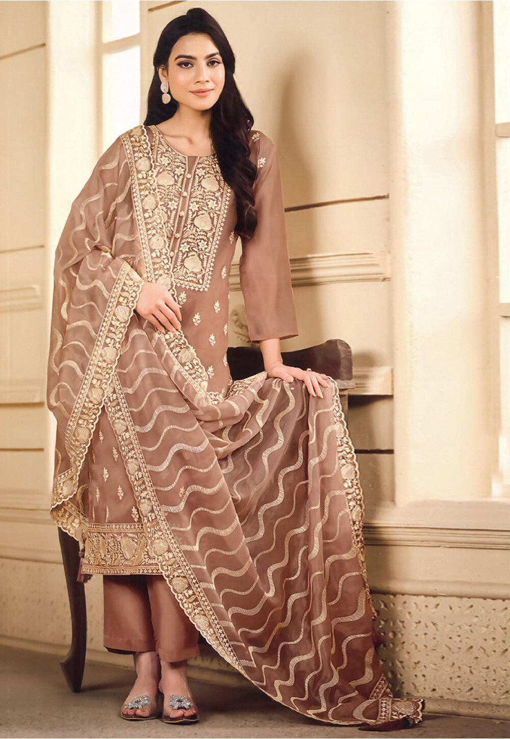 Light Brown Organza Hand Embroidered Sequins Pakistani Straight Pant Suit