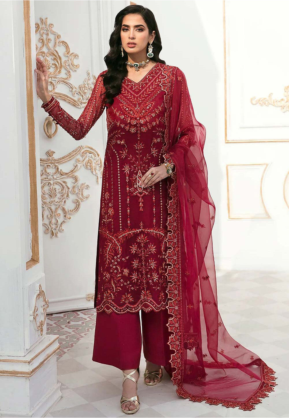 slim fit dress slacks Buy Maroon Eid Pakistani Anarkali Suit – Embroidered Set – Gunj Fashion main image 0