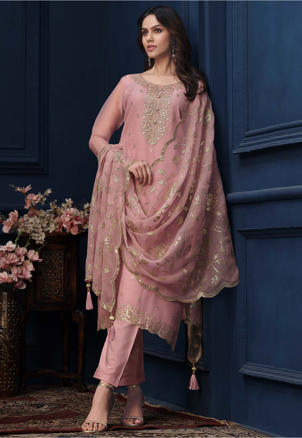 Pink Organza Silk Pant Pakistani Suit
