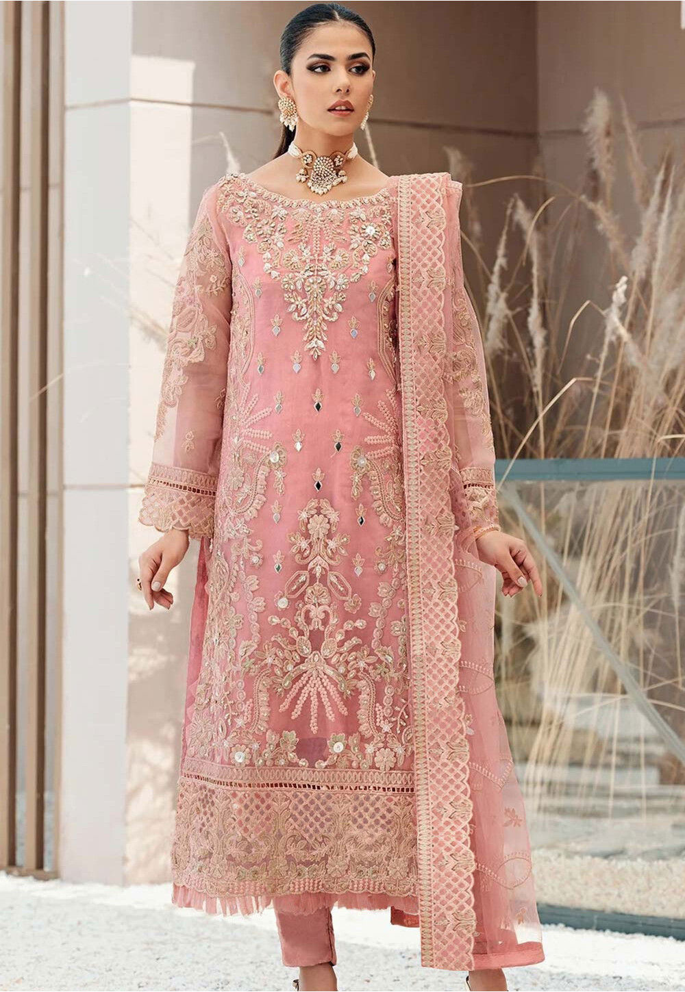 Pink Organza Silk Pant Pakistani Suit main image 1