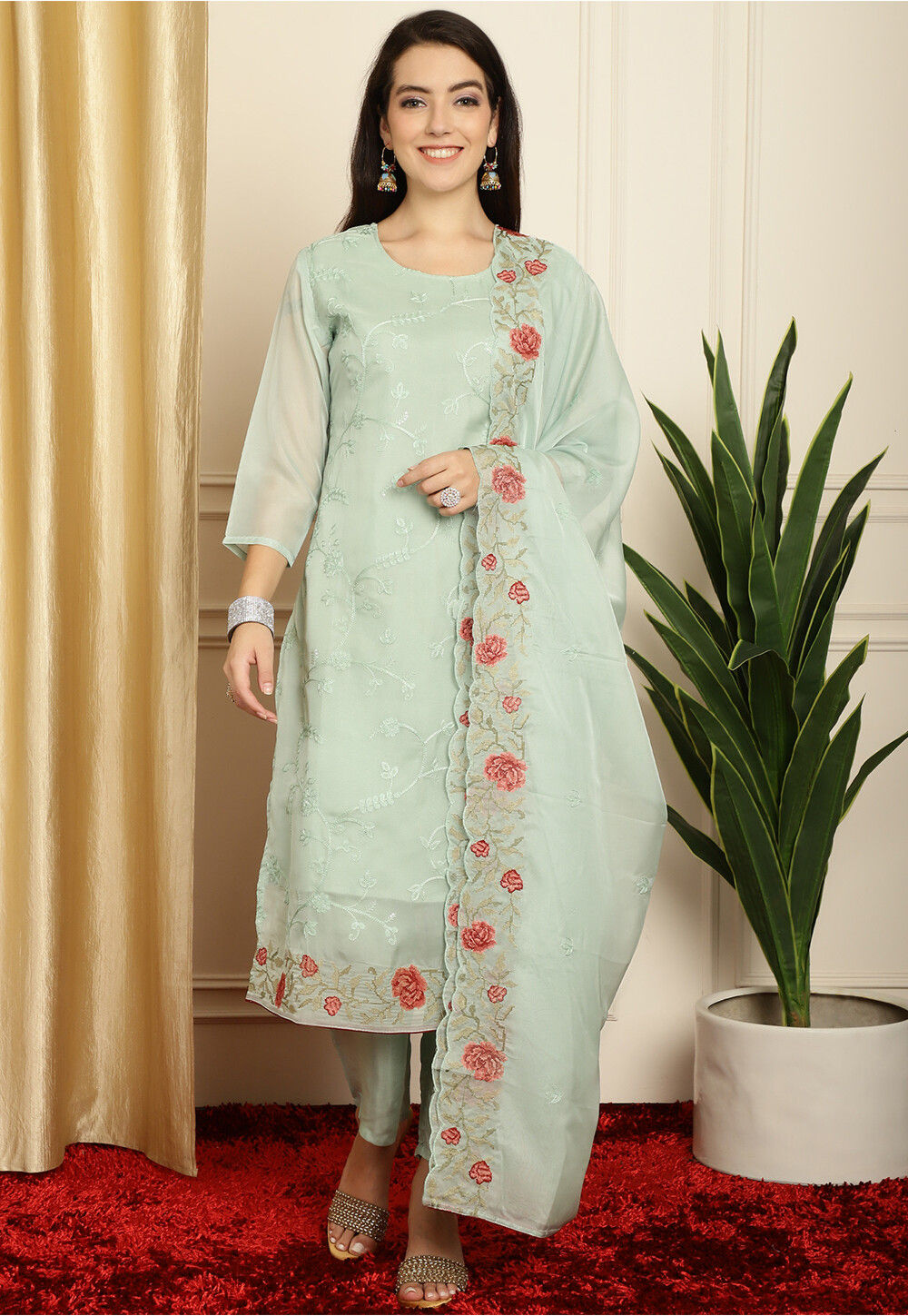 Green Organza Silk Pant Pakistani Suit