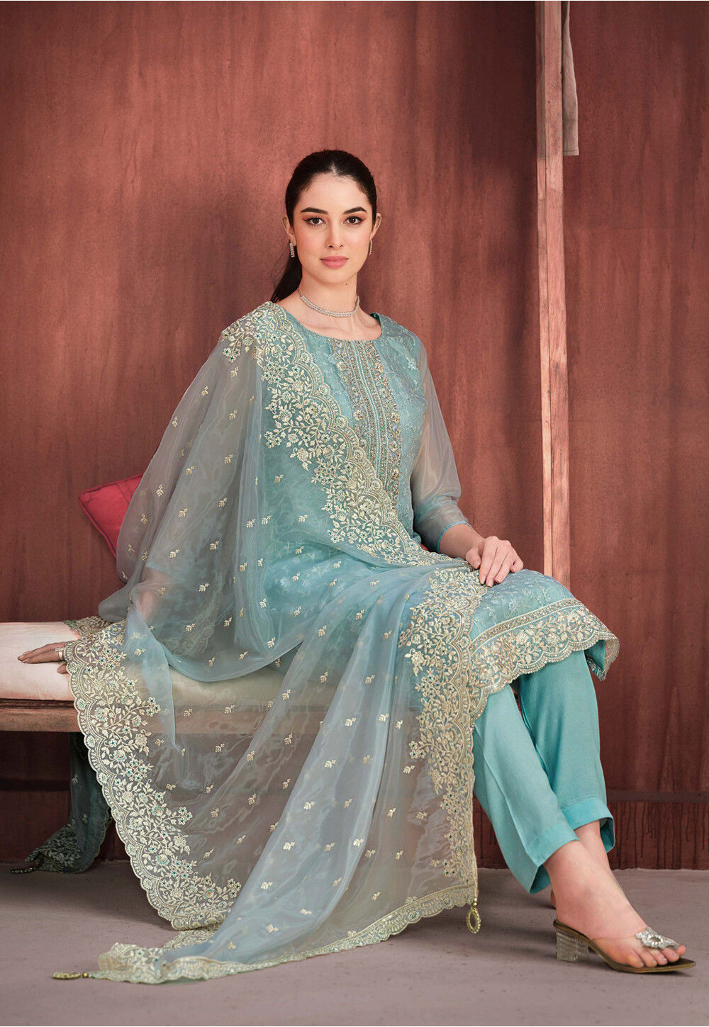 Light blue soft organza Embroidered Pakistani suit with beautiful Duppata