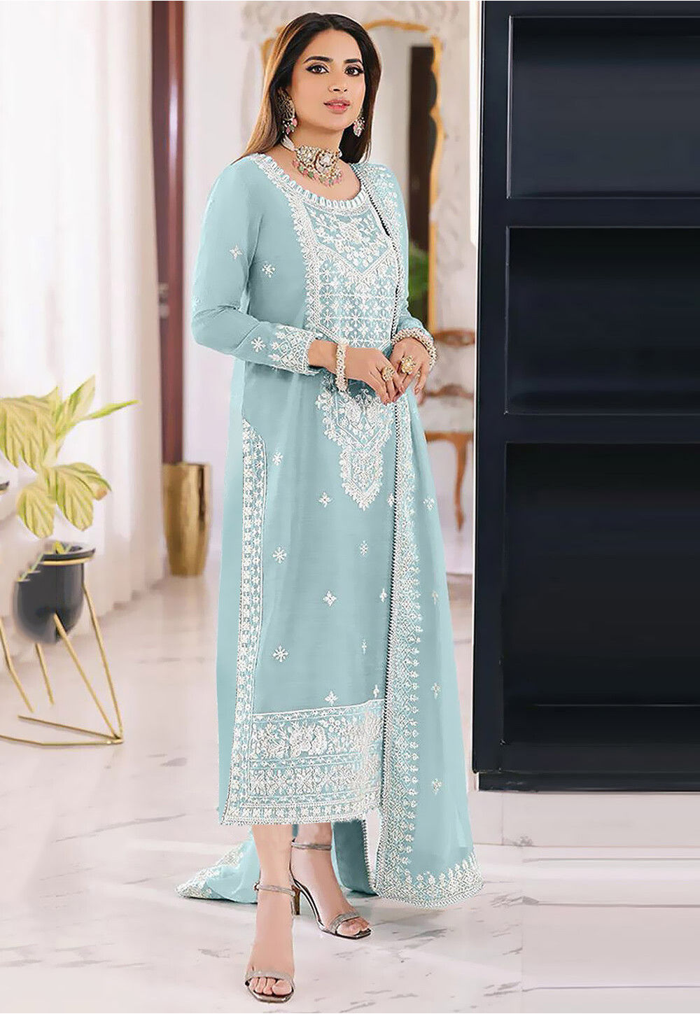 Women Sky Blue Pure Organza Embroidered Salwar Suit