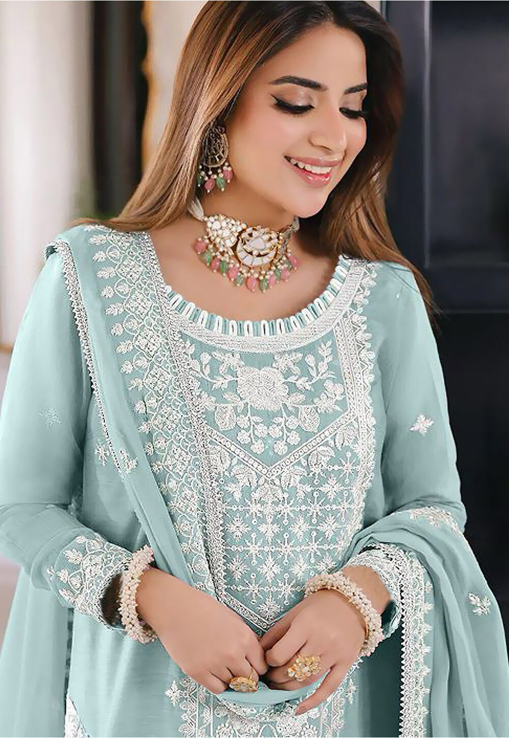 Sky Organza Silk Pant Pakistani Suit
