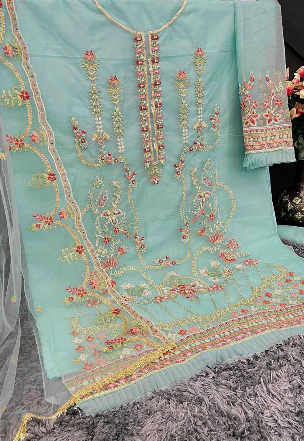Light blue soft organza Embroidered Pakistani suit with beautiful Duppata main image 1