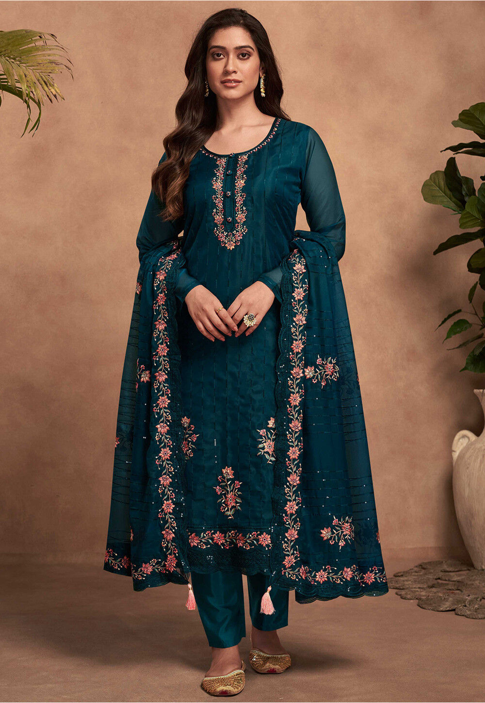 Buy Embroidered Organza Pakistani Suit in Teal Blue Online : KCH12444 ...
